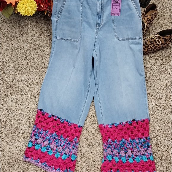 Handmade Denim - 2922 Size 14r Wonderly Upcycled Crochet Pink, Purple and Green Wide Leg Jeans